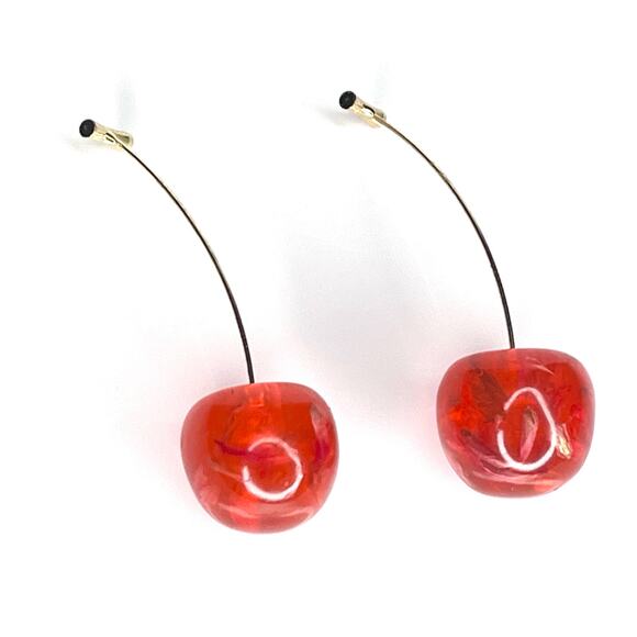 VTG Cherry Threader EARRINGS 2.25" Dangle Drop Red Flower Petal Acrylic Cherries - Picture 3 of 5